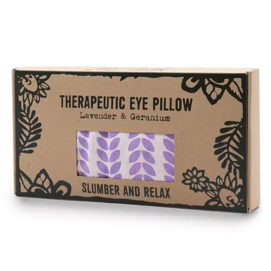 Box of a therapeutic eye pillow with lavender and geranium scent on a white background