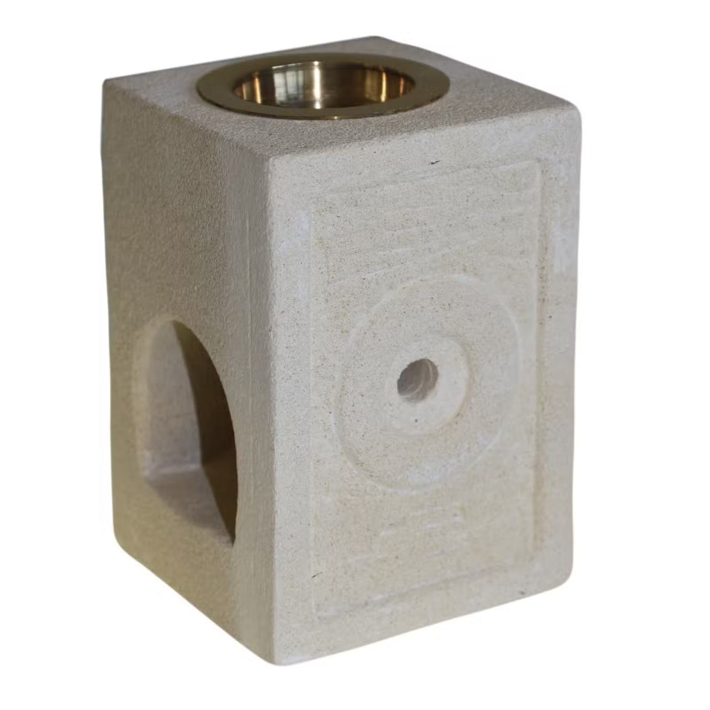 Square concrete block with a circular hole and metallic interior on a white background