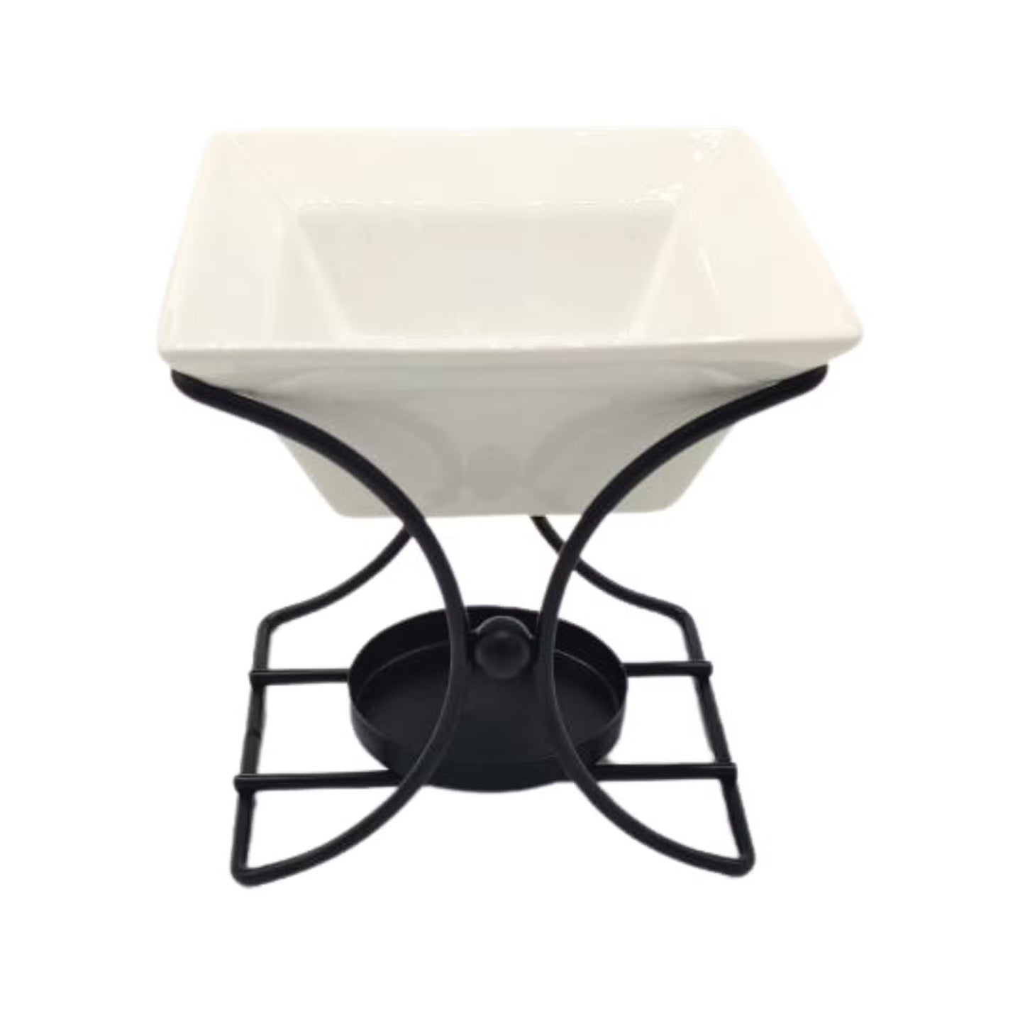 A square white ceramic bowl or dish with a black metal stand featuring curved legs and a circular base, shown on a plain white background.