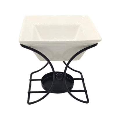A square white ceramic bowl or dish with a black metal stand featuring curved legs and a circular base, shown on a plain white background.