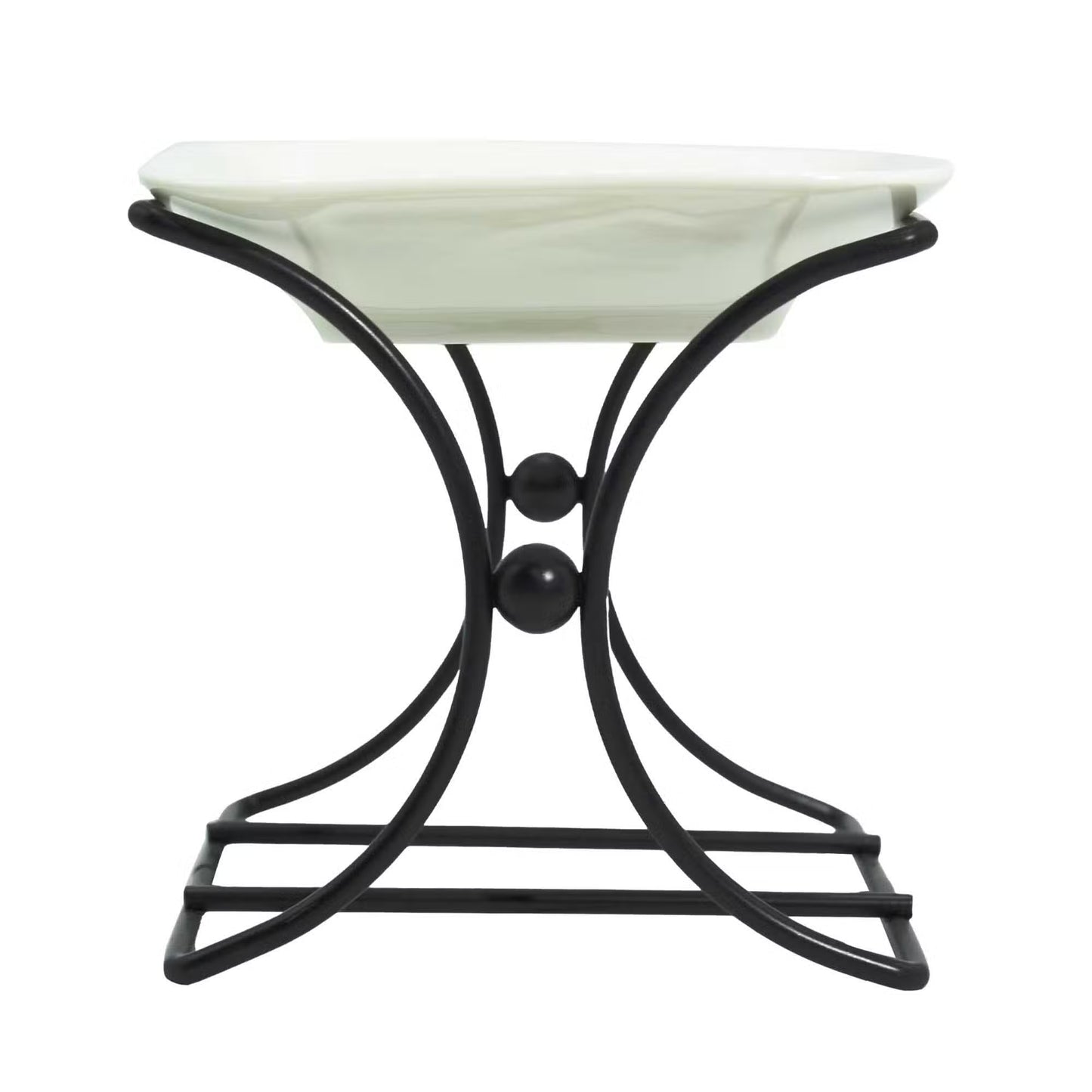 Black metal stand with a white ceramic bowl on a white background
