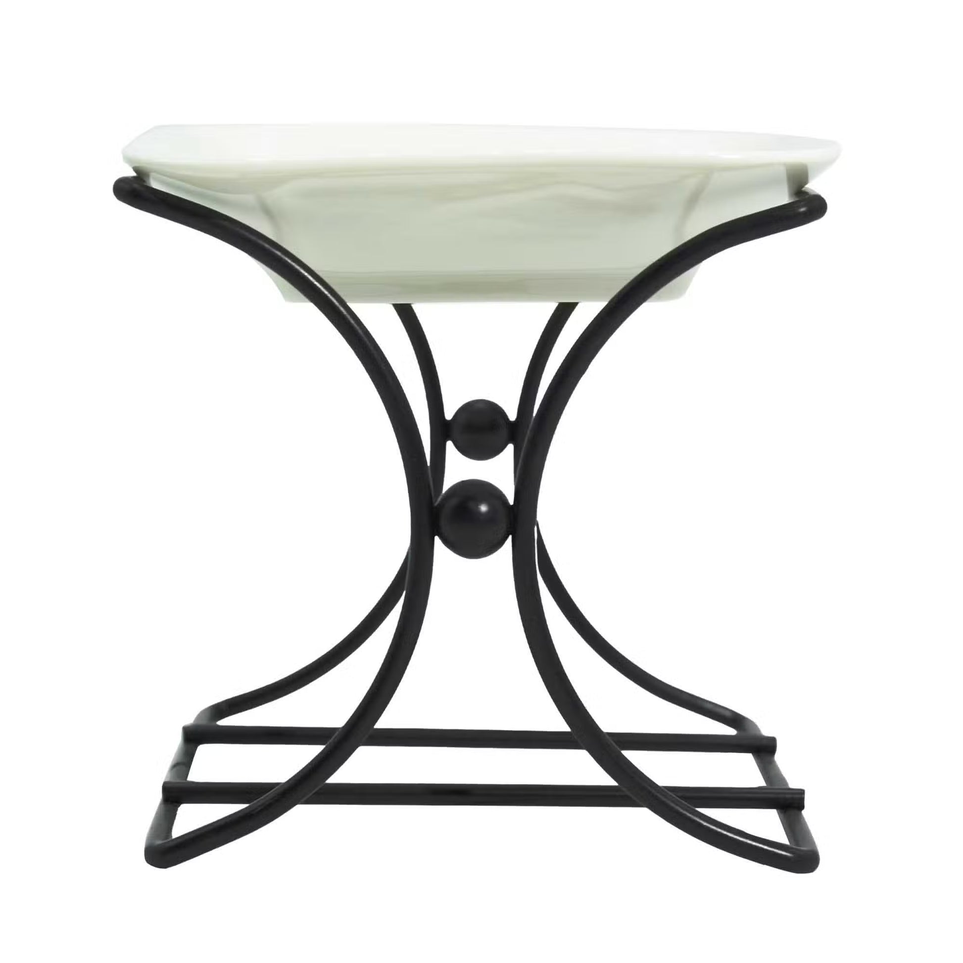 Black metal stand with a white ceramic bowl on a white background