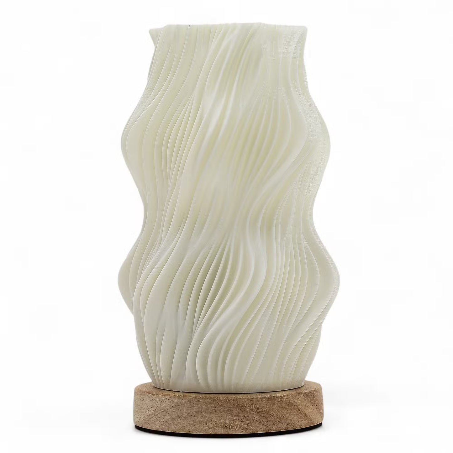 An off-white ceramic vase with a wavy, pleated texture, displayed on a round natural wood base against a clean white background.