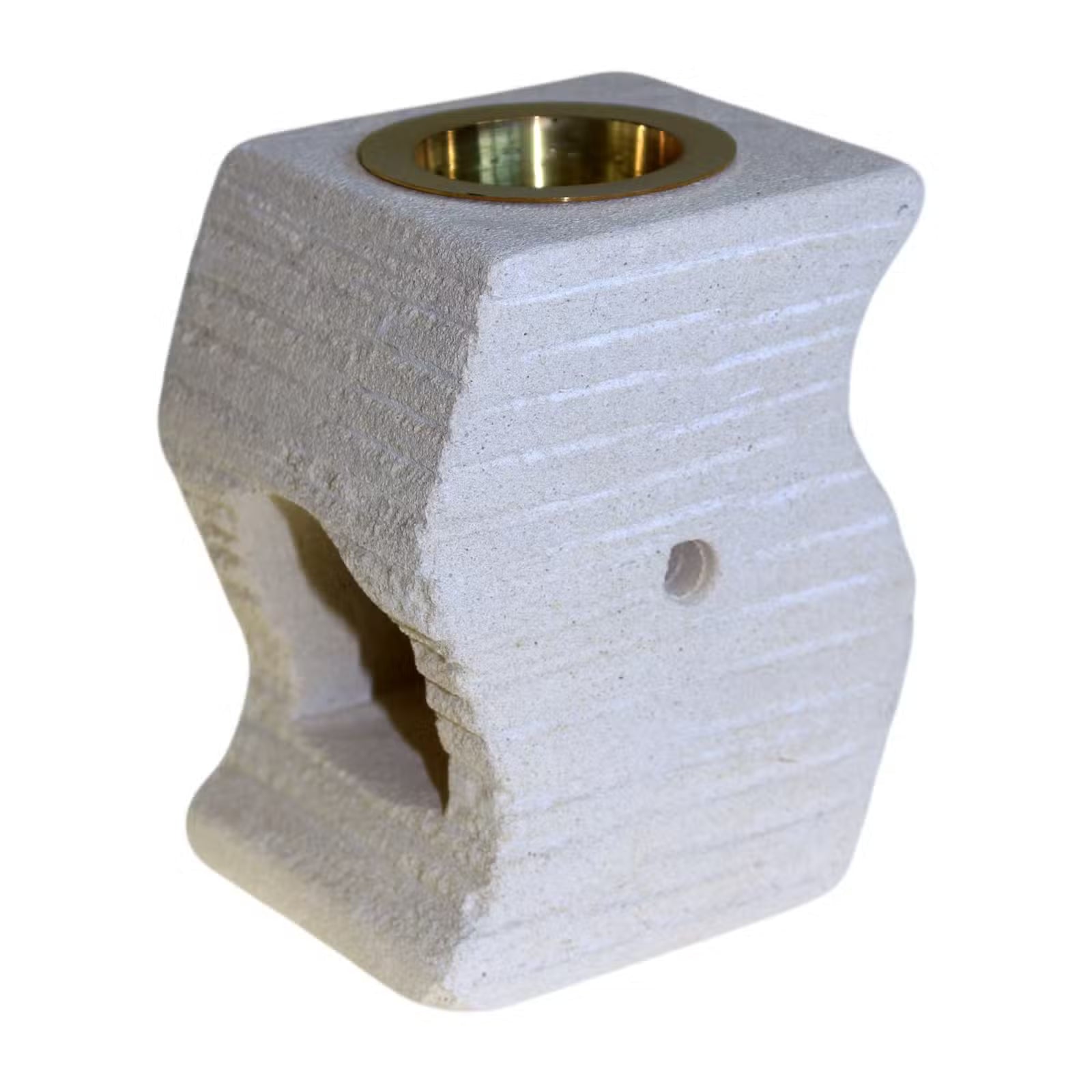 Decorative stone holder with a brass bowl on a white background