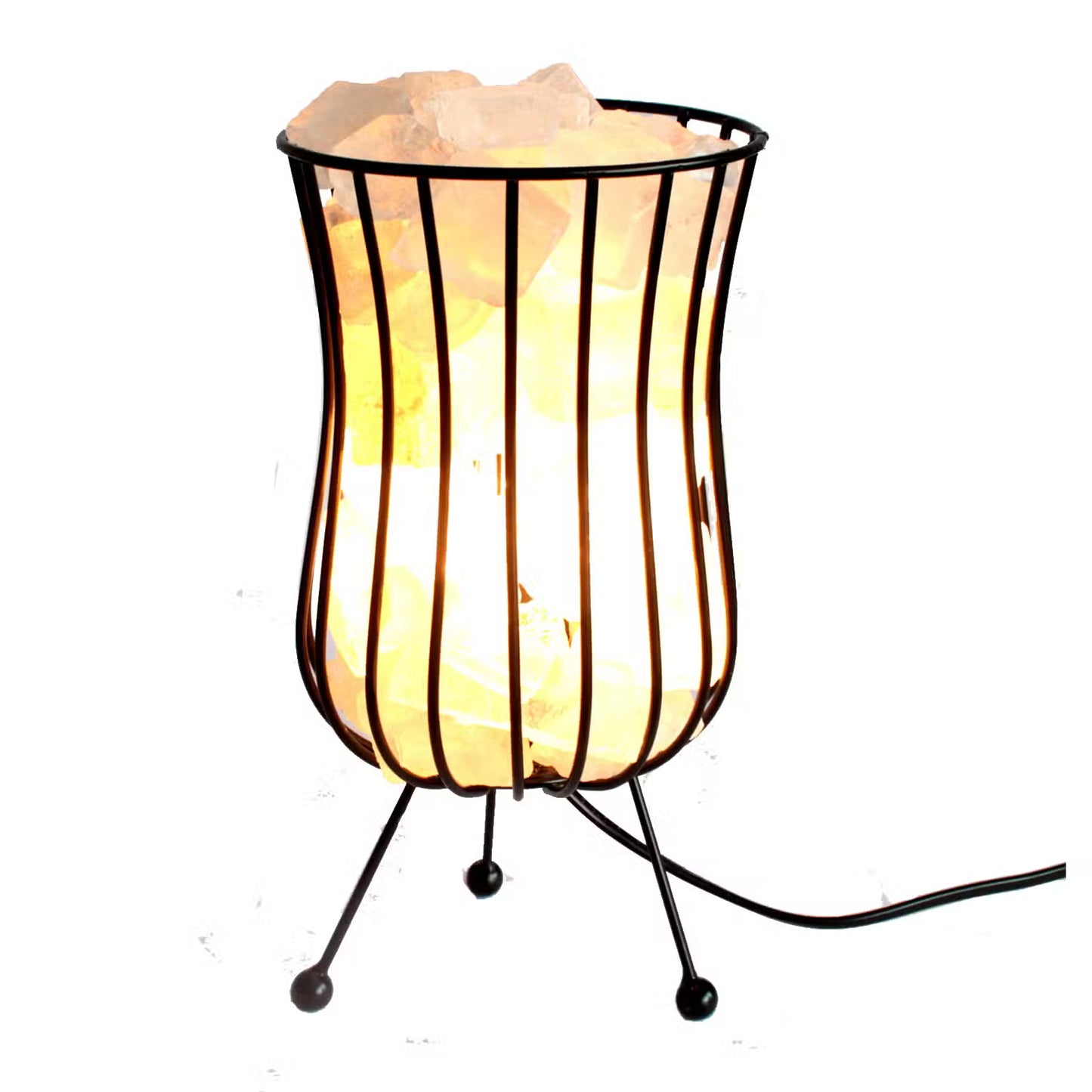Decorative lamp with a wire cage design on a white background