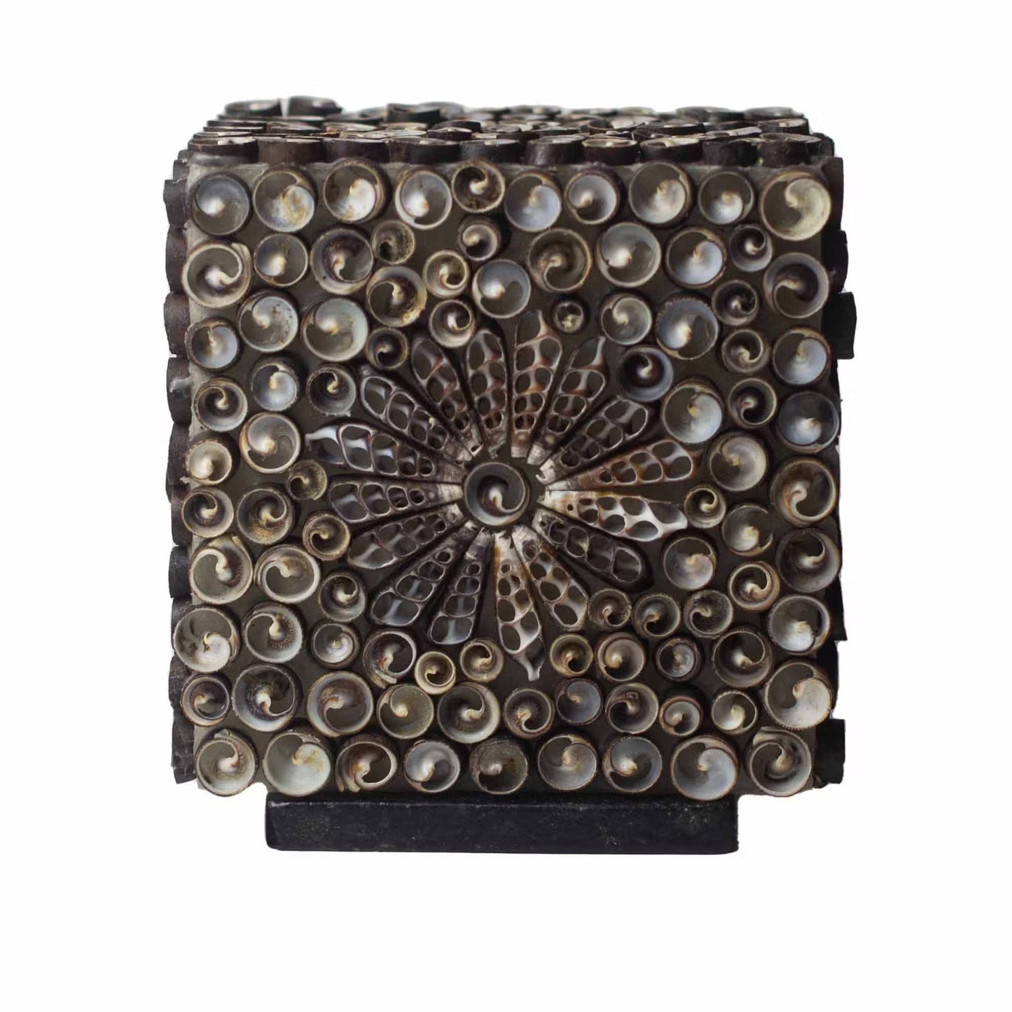 A square decorative metal box or cabinet with a dark bronze finish, featuring a central sunburst pattern and rows of circular metallic accents on the front, shown against a plain white background.