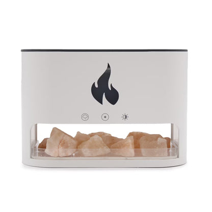 White salt lamp with Himalayan salt crystals and flame icon on a white background