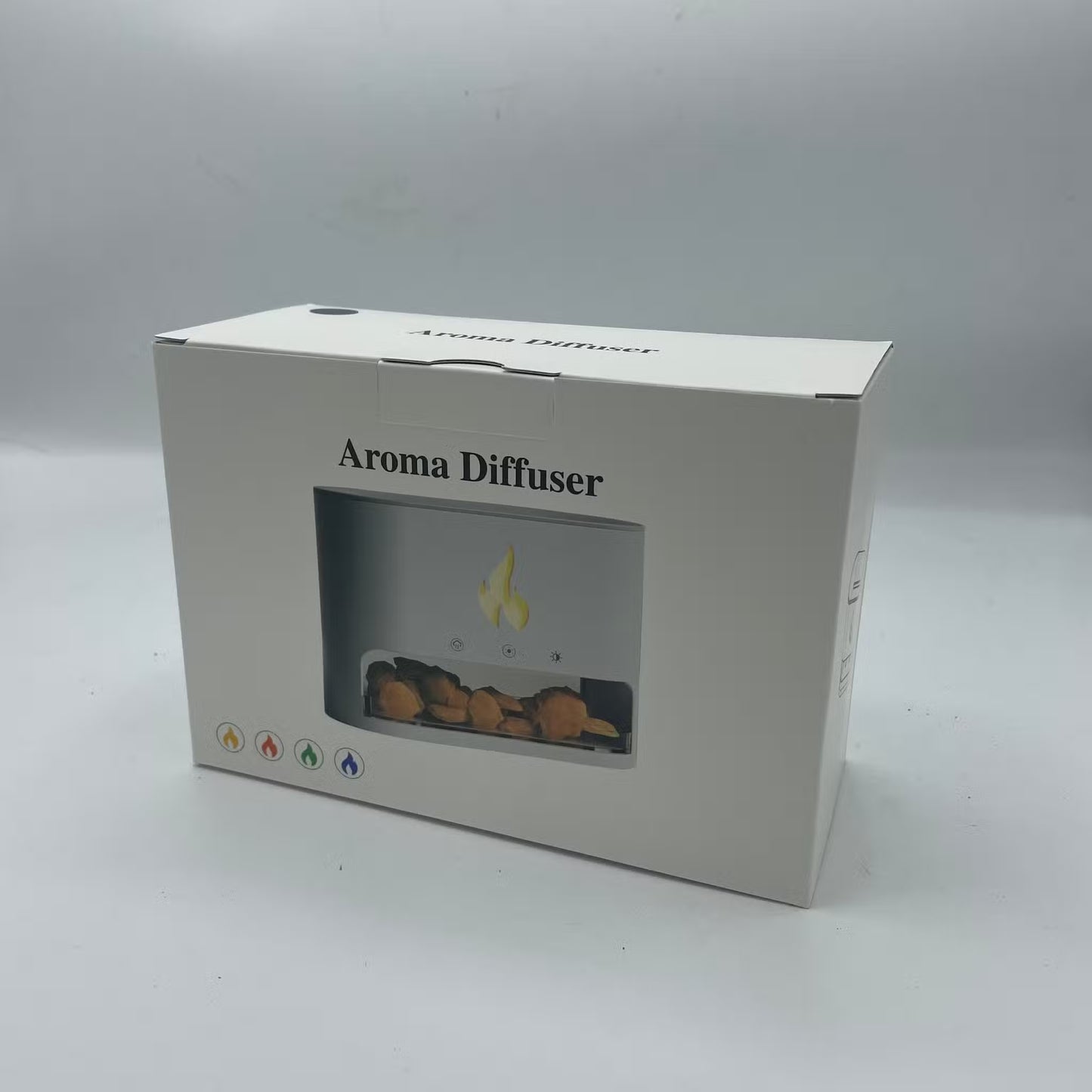 Box labeled 'Aroma Diffuser' with a clear window showing product inside on a gray background