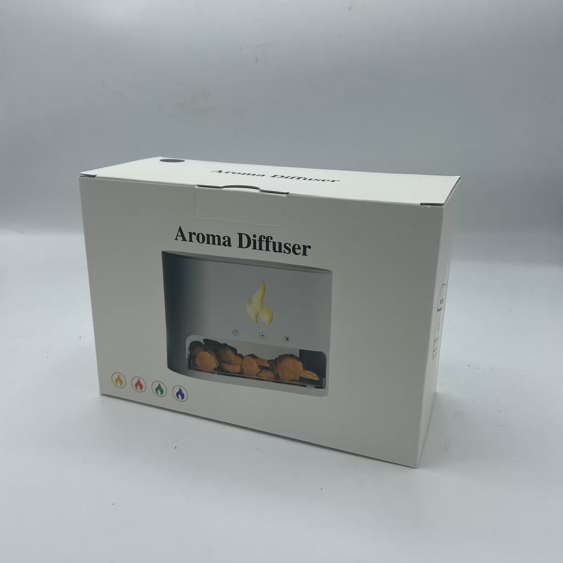 Box labeled 'Aroma Diffuser' with a clear window showing product inside on a gray background