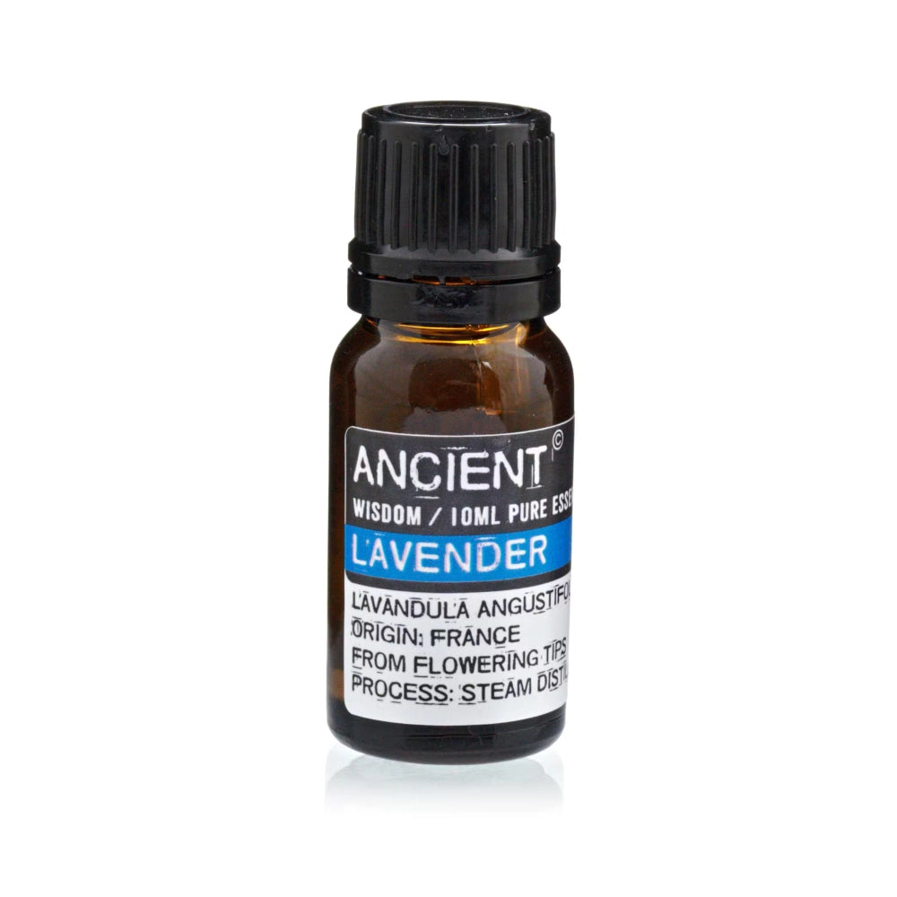 Bottle of lavender essential oil with a black cap on a white background