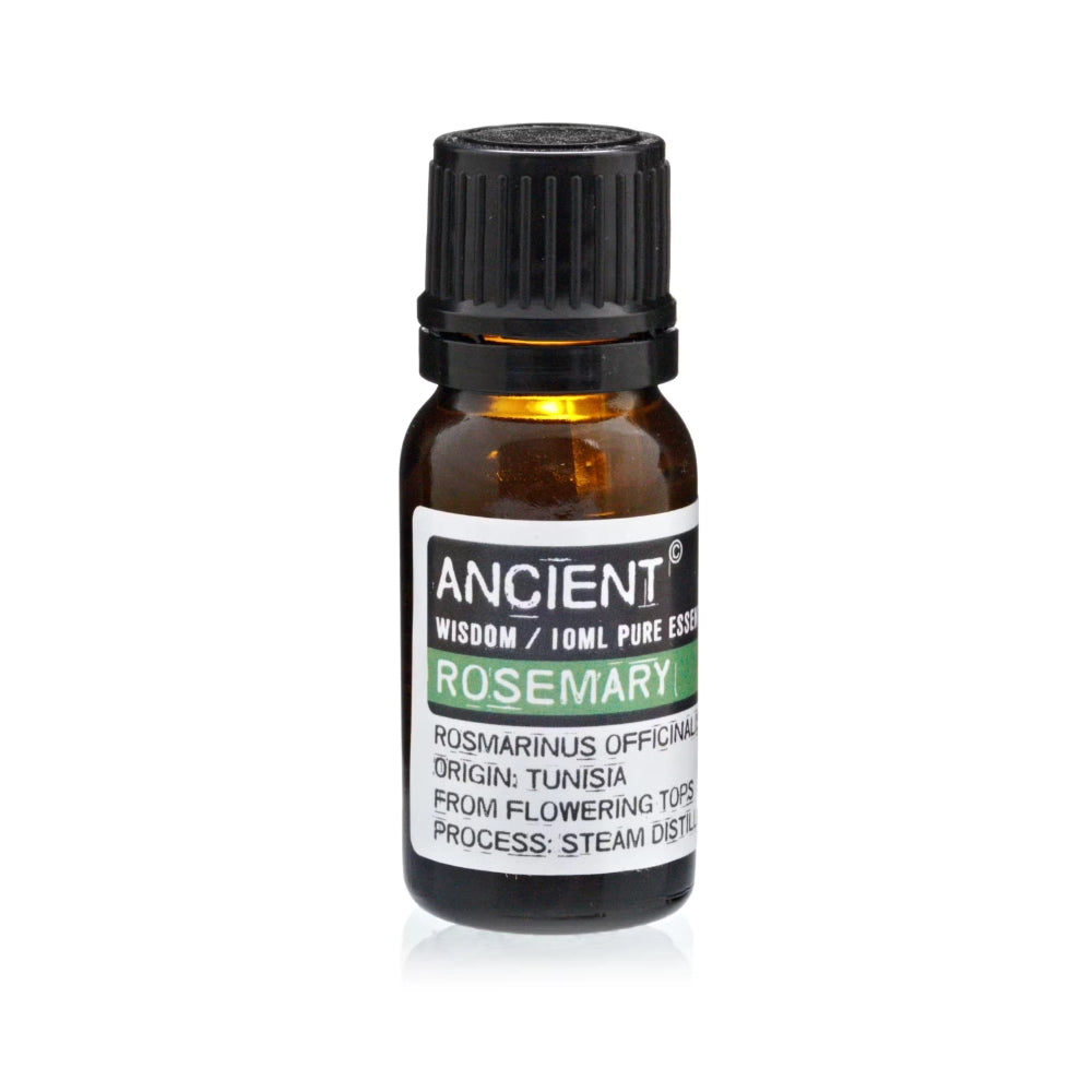 Rosemary essential oil bottle with label on a white background