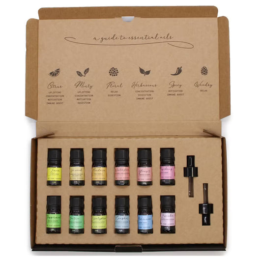 Set of essential oil bottles in a cardboard box with labels on a white background