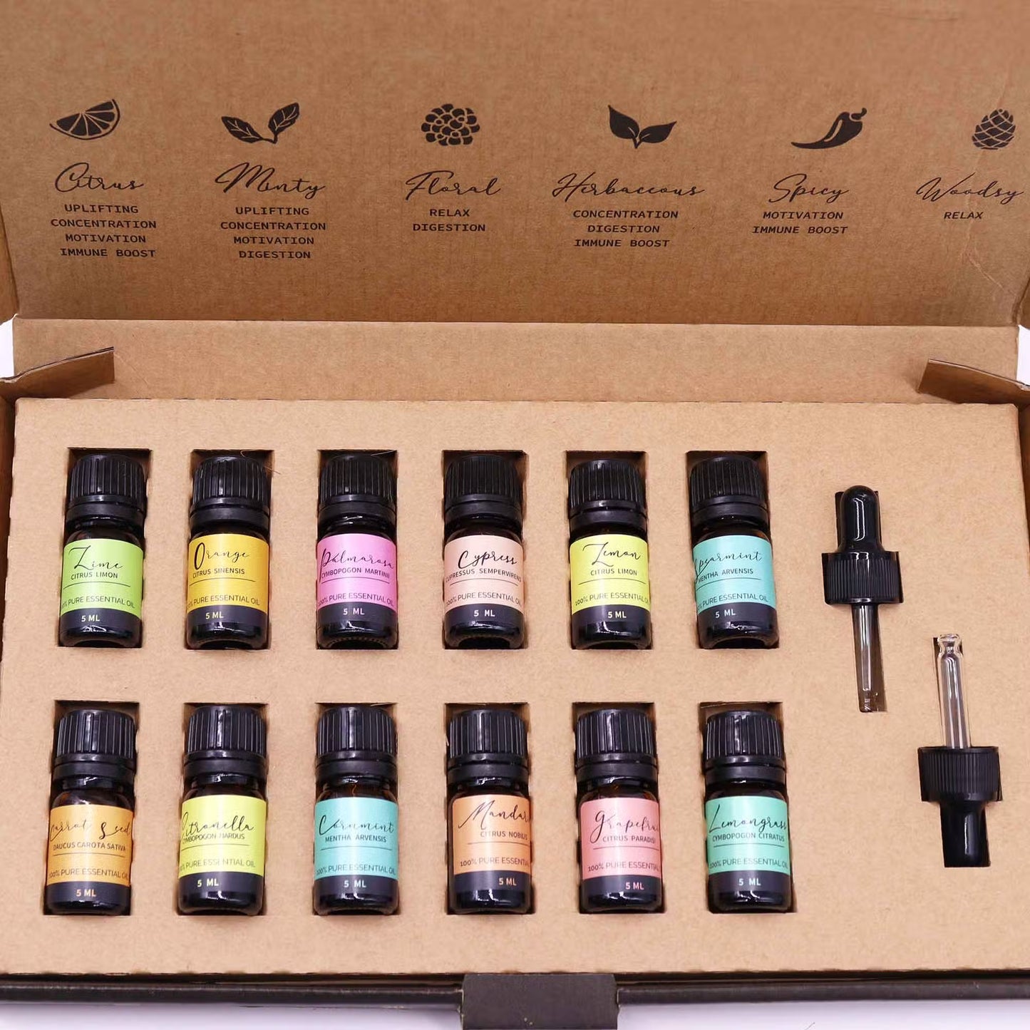 Set of essential oil bottles with colorful labels in a cardboard box.