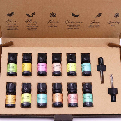 Set of essential oil bottles with colorful labels in a cardboard box.