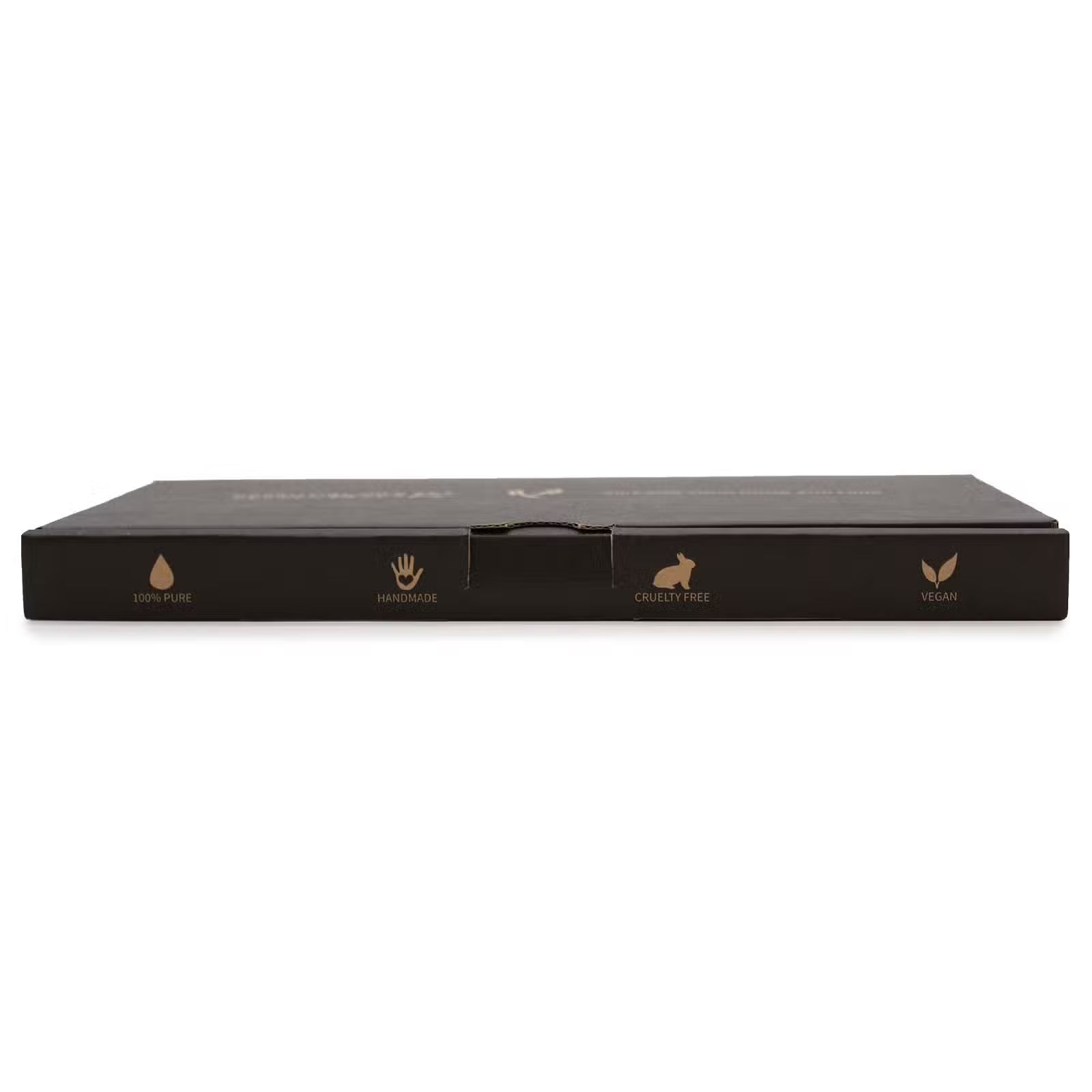 Black product packaging with gold icons and text on a white background