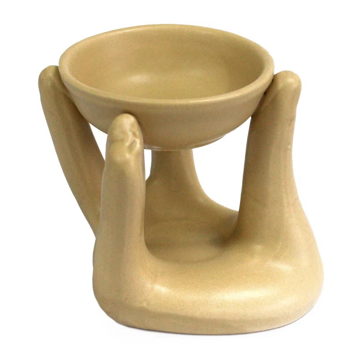 Beige ceramic oil burner with two handles on a white background
