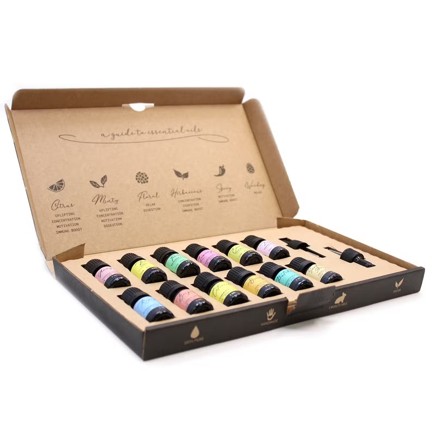 Set of essential oil bottles in a cardboard box with labels on a white background