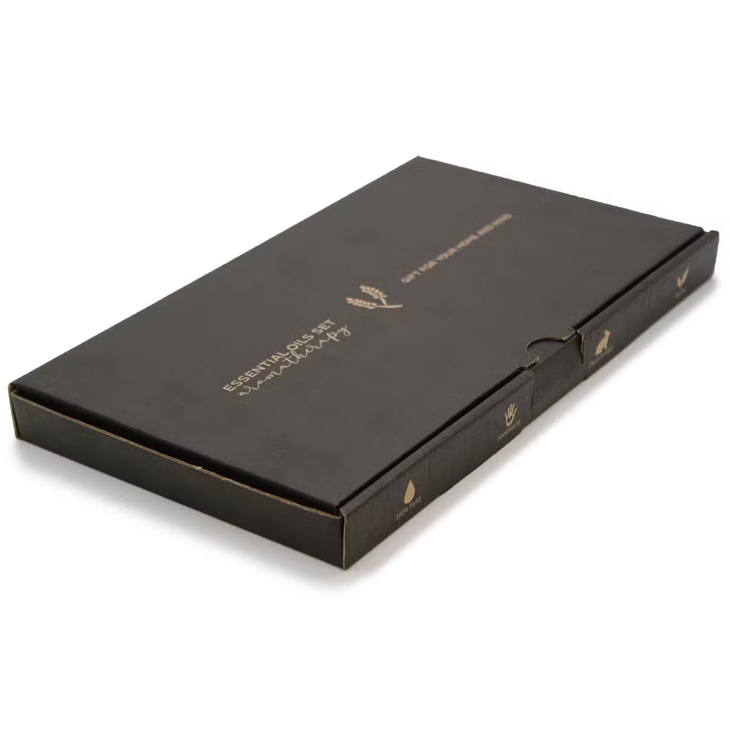 Black rectangular box with gold text and logo on a white background