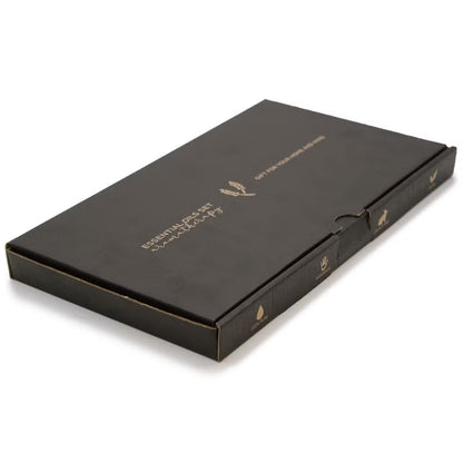 Black rectangular box with gold text and logo on a white background